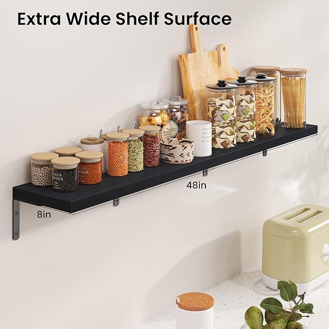Marsmiles Extra Wide Floating Shelves for Wall, 48x8 Inch Natural Wood Grain Bookshelves, Heavy Duty Mounted Shelving for Bathroom, Kitchen, Living Room, Bedroom,Set of 2，Black