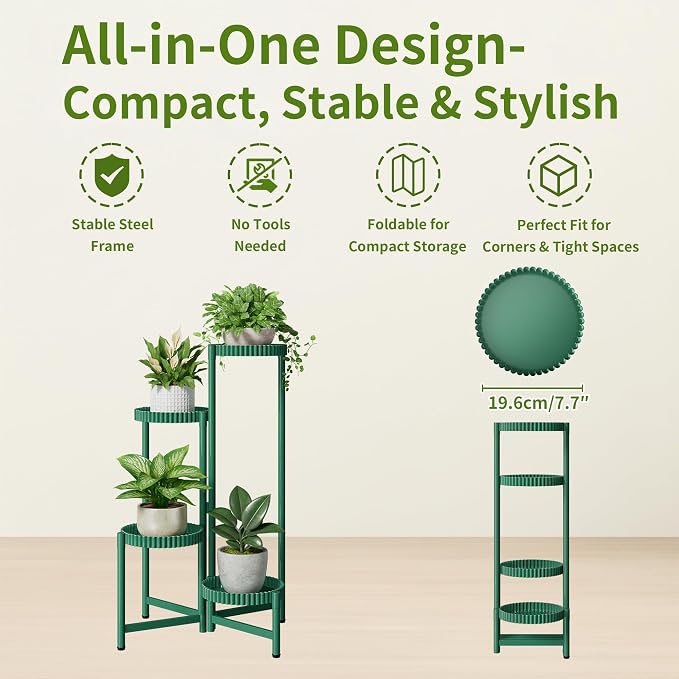4-Tier Metal Plant Stand Indoor Outdoor, Corner Tall Plant Shelf for Multiple Plants, Foldable Plant Stand, Heavy Duty Flower Stand Holder for House Living Room Balcony Garden Patio -GreenFloroma