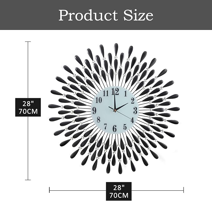 28.0 INCH Wall Clock for Living Room Decor,Non-Ticking Quiet Metal Petals Dial Glass Big Wall Clocks Black for Bedrooms Kitchen and Small Space Decoration