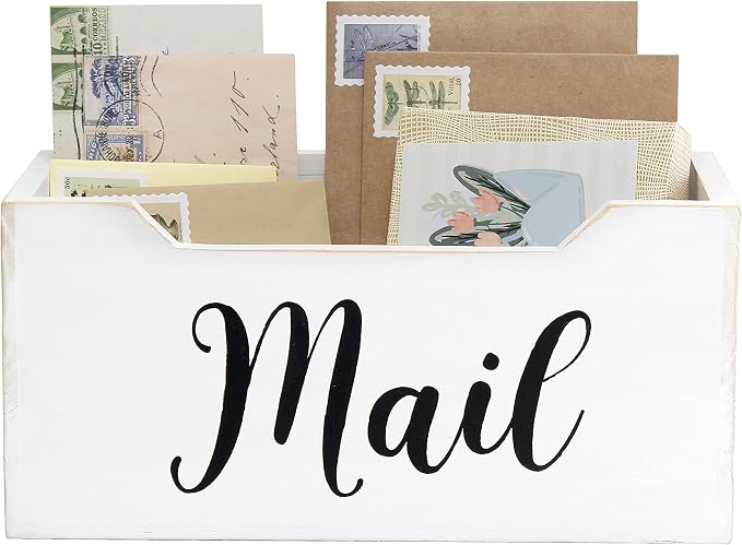 Elegant Designs HG2010-WMB Rustic Farmhouse Wooden Tabletop Black Script Word Mail Organizer Box, Letter Holder Office Accessories Decor, White Wash