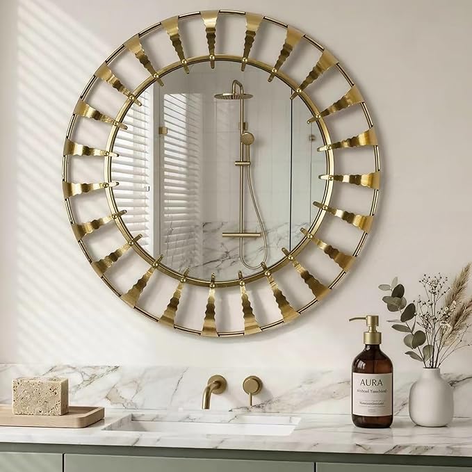 Vintage Gold Round Decorative Wall Mirror 32" | Large Metal Frame, Mid Century Modern, Sunburst Design, For Bathroom, Bedroom, Living Room, Entryway