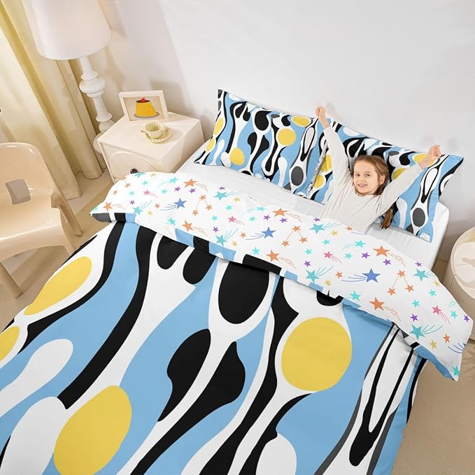 Erosebridal Mid Century Modern Abstract Duvet Cover Set Vintage Geometric Queen Bedding Set for Teenage Boys Contemporary Organic Shapes Comforter Cover Squiggle Blob Bed Sets,Blue Yellow
