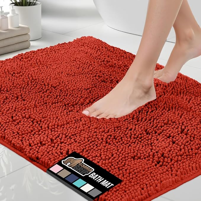GORILLA GRIP Bath Rug Mat, Thick Soft Absorbent Chenille, Quick Dry Microfiber Mats, Rubber Backing Washable Shower Floor Rugs, US Designed Bathroom Bathmat Home Accessories, 24x17, Sunset Orange