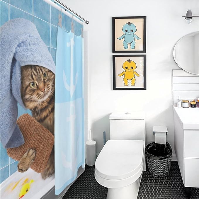 Cat Shower Curtain Funny Cat Taking Pattern Duty Fabric Shower Curtains Set Bathroom Polyester Waterproof with 12 Hooks, 55x72Inch（140x183cm）