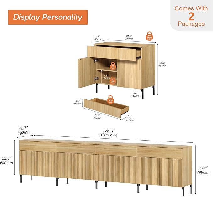 WAMPAT 126" W Large Sideboard Buffet Cabinet with Storage,4 in 1 Fluted Sideboard Buffet with 8 Doors, Wooden Buffet Table, Coffee Bar Wine Bar Cabinet for Kitchen, Dining Room, Living Room, Oak