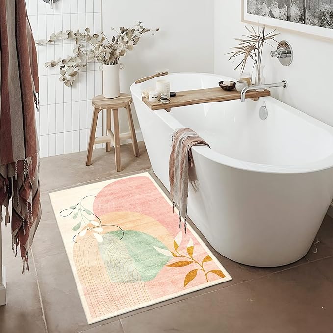 MUJOO 2x3 Washable Rug Small Area Rugs for Entryway Kitchen Bedroom,Boho Non Slip Throw Carpet for Bathroom Entrance Door Mat Mid Century Modern Abstract Botanical Geometric Accent Pink