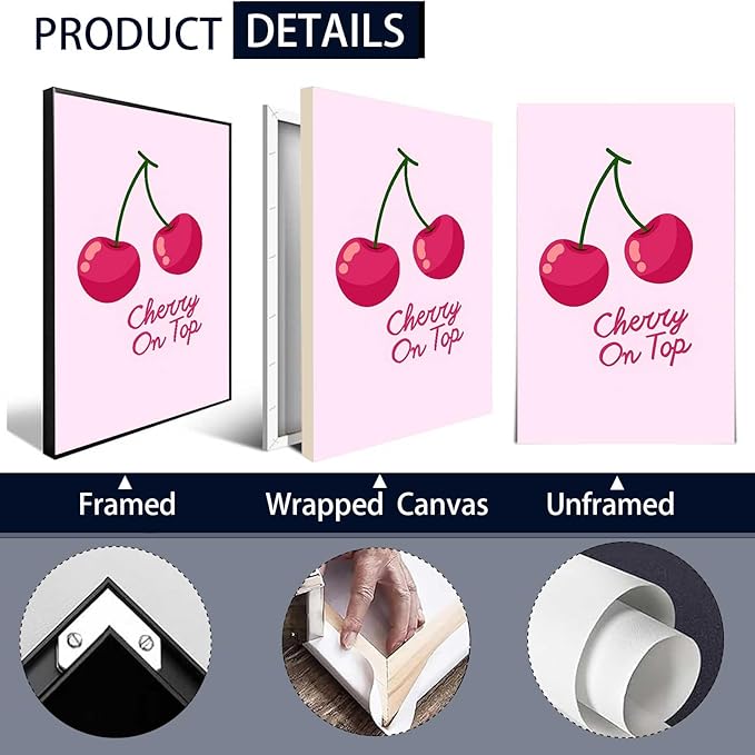 "Cherry On Top" Playful Cursive Font Canvas Wall Art Retro Inspired Style Posters Pink Aesthetic Prints Sweet And Cheerful Vibe Wall Decor For Living Room Bedroom Dorm Decor 16x24in Unframed