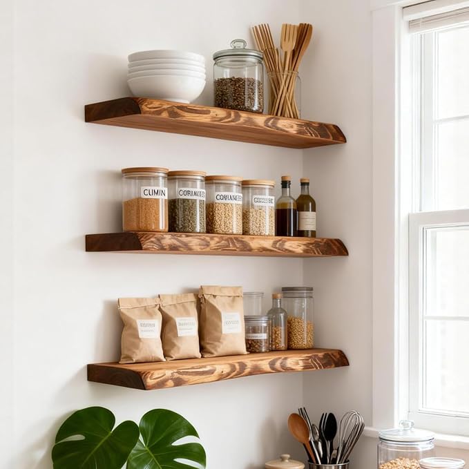48 Inch Wooden Floating Shelves for Wall, Finnish Spruce Solid Wood Shelf, Natural Wood Floating Shelves for Living Room, Bathroom, Bedroom, Kitchen, Brown Finish