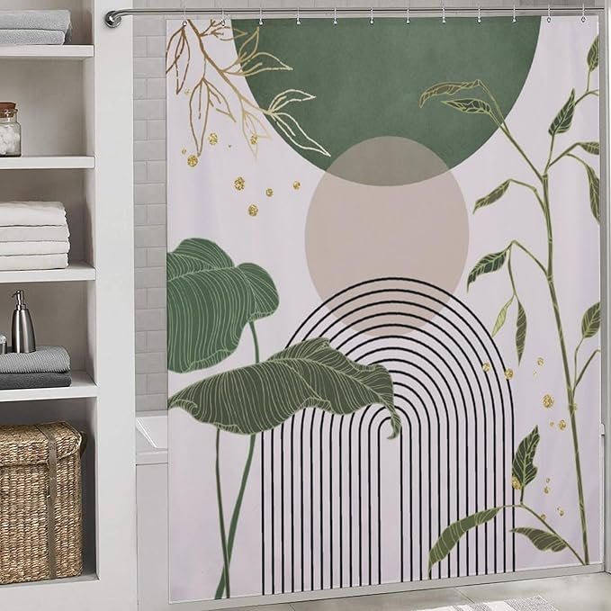 Boho Sage Green Shower Curtain，Mid Century Abstract Tropical Plant Minimalist Modern Geometric Palm Leaf Arch Waterproof Fabric Bathroom Shower Curtain Set with Hooks,72x72Inch