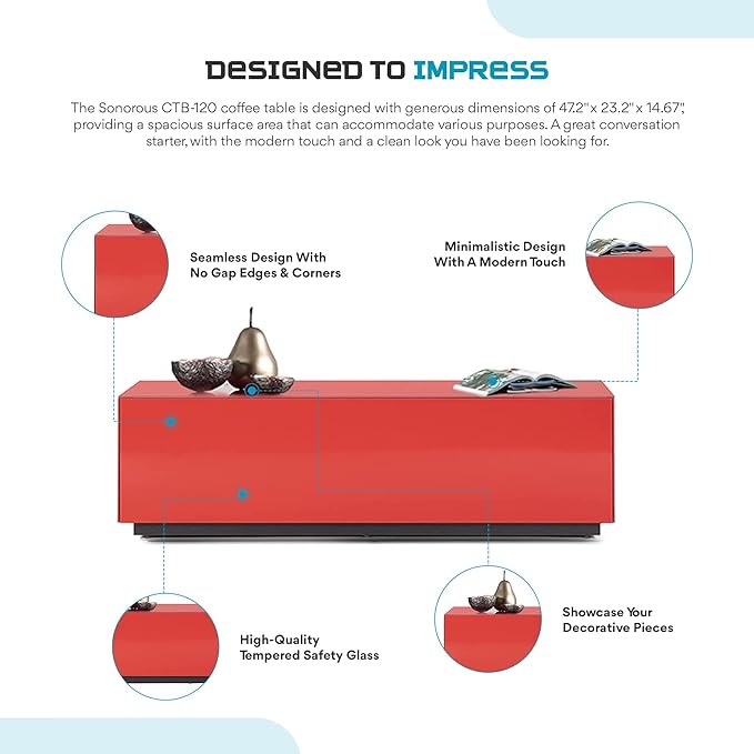 SONOROUS Premium Tempered Glass Coffee Table - Modern Red Rectangular Coffee Tables for Living Room - High Gloss Fingerprint Resistant Mid Century Design - Stylish Living Room Furniture & Décor