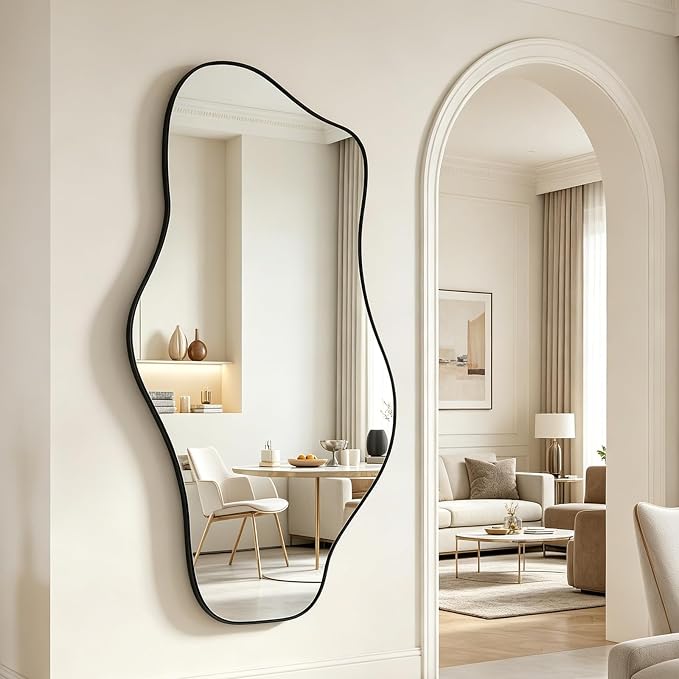 Large Irregular Wall Mirror, 63"x29" Asymmetrical Full Length Mirror with Black Metal Frame, Organic Shape Mirror for Entryway Hallway Living Room, Horizontal or Vertical Wall Hanging