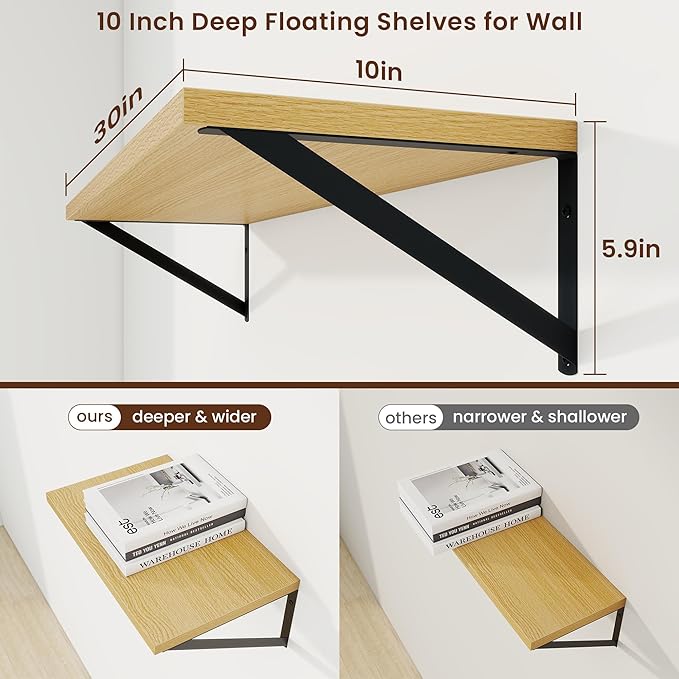 Axeman 30 Inch Floating Shelves | 10 Inch Deep Oak Wall Shelves Set of 2 | 30" W x 10" D Oak Floating Shelves for Living Room Bathroom Kitchen