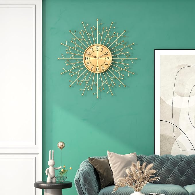 Large Modern Gold Wall Clock Decorative Mid Century Sunburst Branch Wall Clocks, Minimalism Metal Big Silent Clock, Luxury Home Gift Decor for Living Room, Bedroom, Dining Room, 28 inch