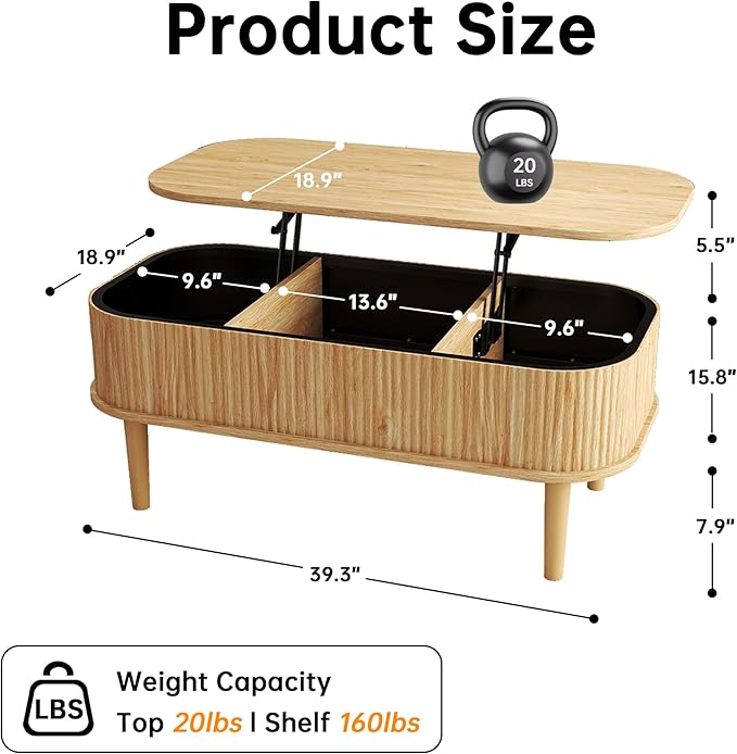 Fluted Lift Top Coffee Table with Hidden Storage, Oval Coffee Table with Lifting Top, Mid Century Modern Design for Living Room, Office & Small Spaces(Natural)