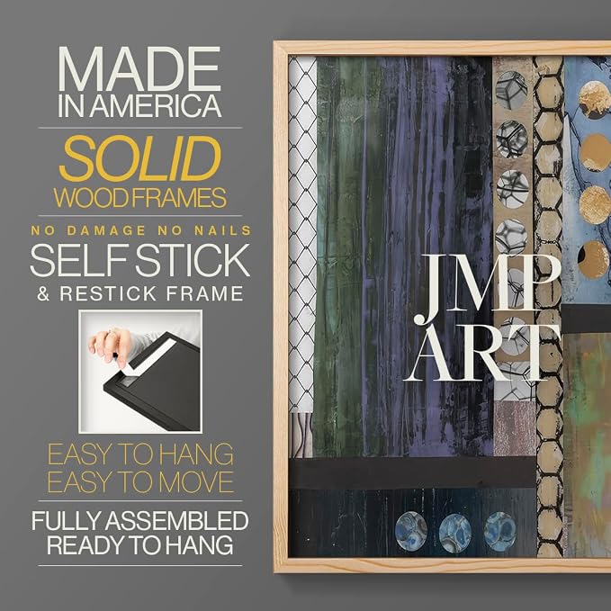 Renditions Gallery Set of 2 Peel & Stick Framed Prints, Geometric Abstract Wall Art, Hexagonal and Circular Pattern Wall Decor, Re-Stickable - Ready to Hang - 22"x28" - NATURAL WOOD Frame LT588