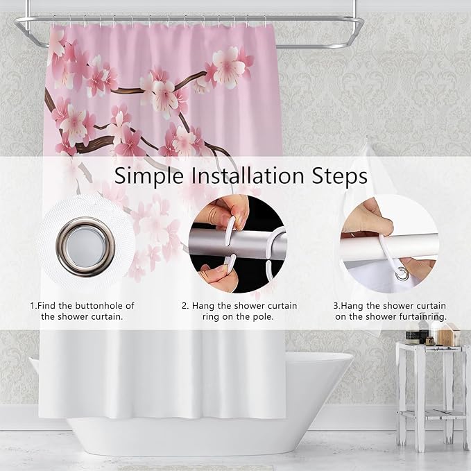 Cherry Blossom Shower Curtain Romance Pink Floral Branches Shower Curtains for Girly Woman Bathroom Accessories Waterproof Polyester Fabric with Hooks, 72 x 84 Inch