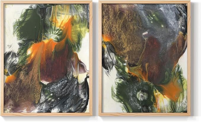 Renditions Gallery Set of 2 Peel & Stick Framed Prints, Watercolor Abstract Wall Art, Colorful Fluid Design Wall Decor, Re-Stickable - Ready to Hang - 16"x20" - NATURAL WOOD Frame LT588