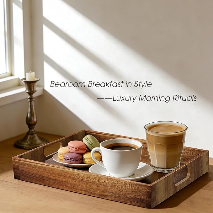 Serving Trays - 2 Pack, Acacia Wood Serving Platters with Ergonomic Handles, Versatile Rustic Decorative Trays for Breakfast, Brunch, Dinner, Coffee Table, Party, Kitchen-M