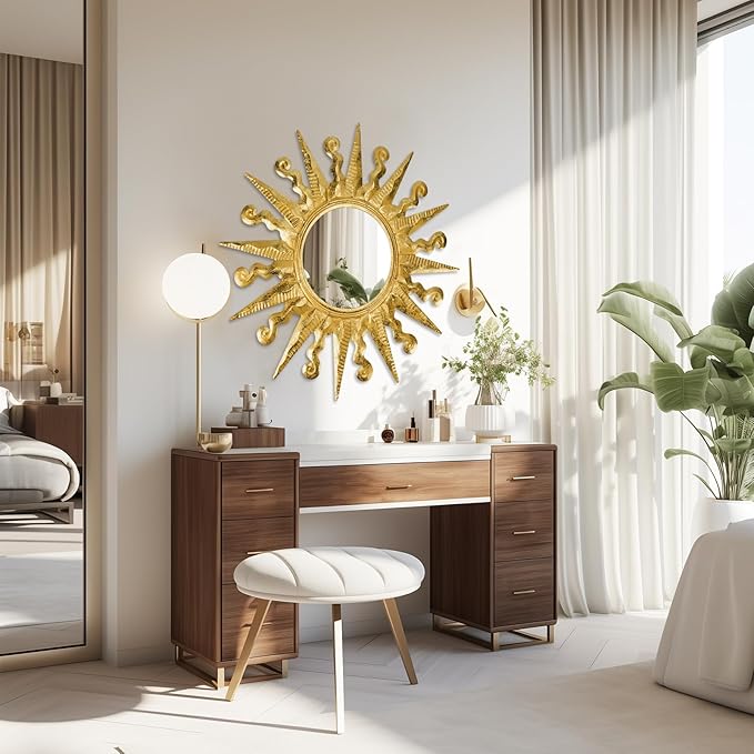 Golden Sun Wall Mirror Decorative 24 inch Metal Frame Mirror Sunburst Boho Mirror for Entryway Bedroom Living Room Bathroom House Warming Gifts New Home Essential