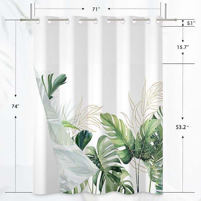 No Hook Shower Curtain Tropical Palm Leaf Shower Curtain with Snap in Liner Set Modern Green Plants Jungle Bathroom Curtains Double Layers Washable 71x74 Inch