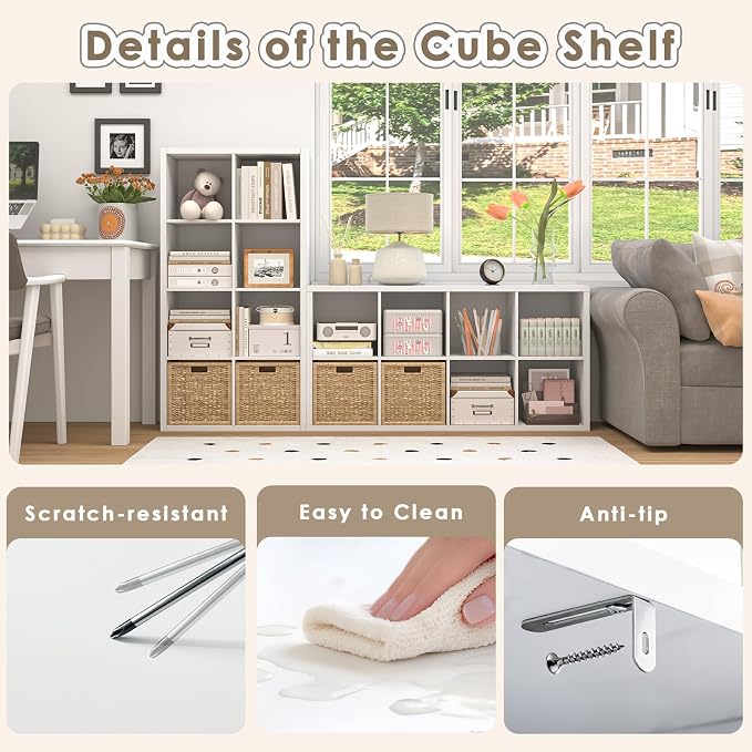 Endearing Limons【2026 Wooden Thick Border 8 Cube Shelf Storage Organizer with Anti-Tipping Kits + Reversible Open Back Bookcase (11 x 11 Unit Cell White)