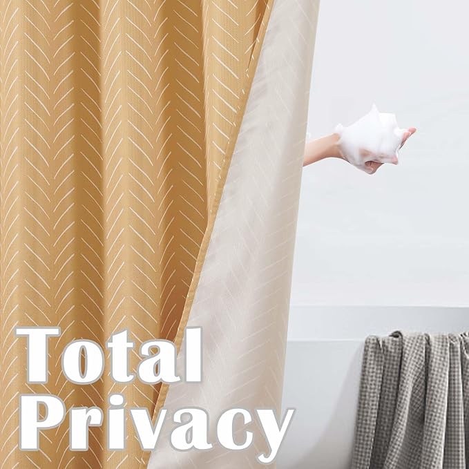 jinchan Mustard Shower Curtain with White Herringbone Striped Zig Zag Chevron Waterproof Fabric Modern Farmhouse Shower Curtains for Bathroom with 12 Hooks 70x72 Inches