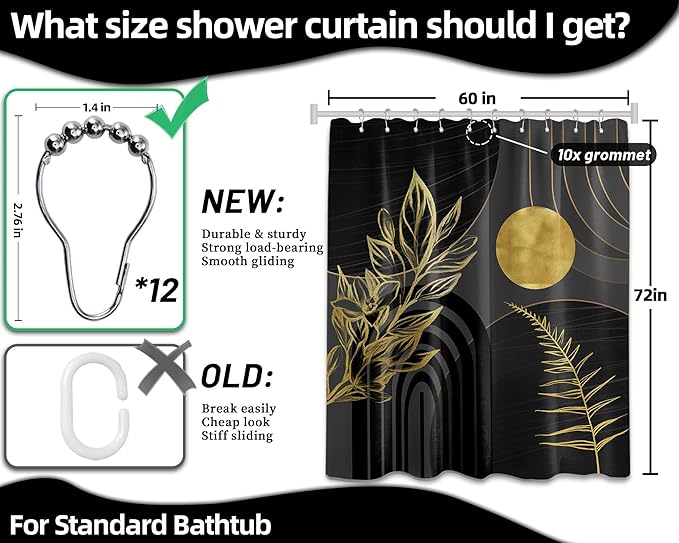 Black and Gold Shower Curtain Boho Mid Century Black and Dark Grey and Gold Shower Curtains for Bathroom Decor, Waterproof Cloth Fabric with Hooks, 60" W x 72" L