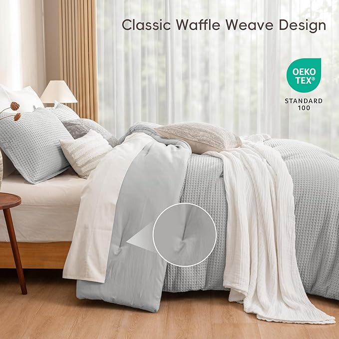 PHF Ultra Soft Waffle Weave Comforter Set King Size, 3 Pieces Lightweight Breathable Comfy Bedding Set, Comfy Textured 1 Comforter with 2 Pillow Shams, Light Grey