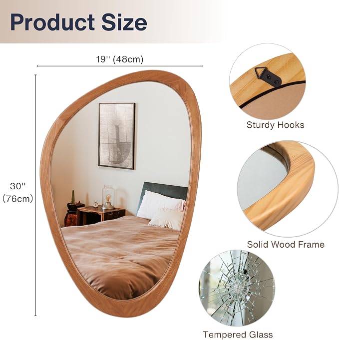 PERFNIQUE Irregular Wall Mirror, 30"x19" Solid Wood Frame Asymmetrical Mirrors for Mid Century Modern Decor, Tempered Glass Decorative Mirrors for Entryway, Bathroom, Bedroom, Living Room