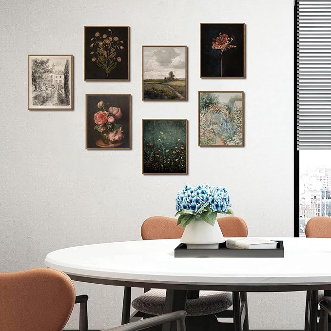 WALLZK Vintage Framed Wall Art Botanical Canvas Prints Painting Dark Moody Floral Wall Decor Retro Wildflower Pictures Artwork for Walls Living Room Bedroom Bathroom 8"x10"
