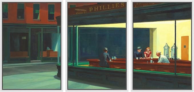 wall26 Framed Canvas Print Wall Art Set Nighthawks by Edward Hopper Cultural Historic Oil Painting Fine Art Reproduction Scenic Colorful for Living Room, Bedroom, Office - 16"x24"x3 White
