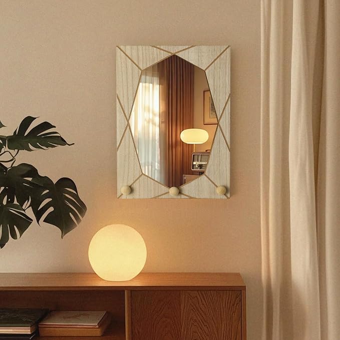 Mirror Wall Decor for Living Room Bedroom, Cottage Octagon Decorative Mirror Art for Modern Rustic Boho House, Geometric Hanging Wall Art Accent Above TV Desk Bed Table Decor, 15.6x11.6