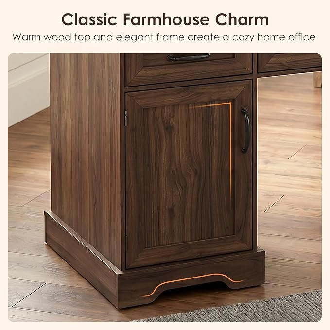 OffiGo 59 Inch Farmhouse Desk with Drawers, Executive Computer Desk with Charging Station, Wood File Cabinet Storage for Home Office, Walnut