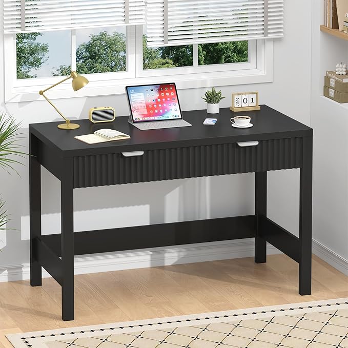 YOMILUVE Fluted Computer Desk with 2 Drawers, 39 Inch Small Computer Desk with Storage, Compact Writing Study Desk for Small Spaces, Black