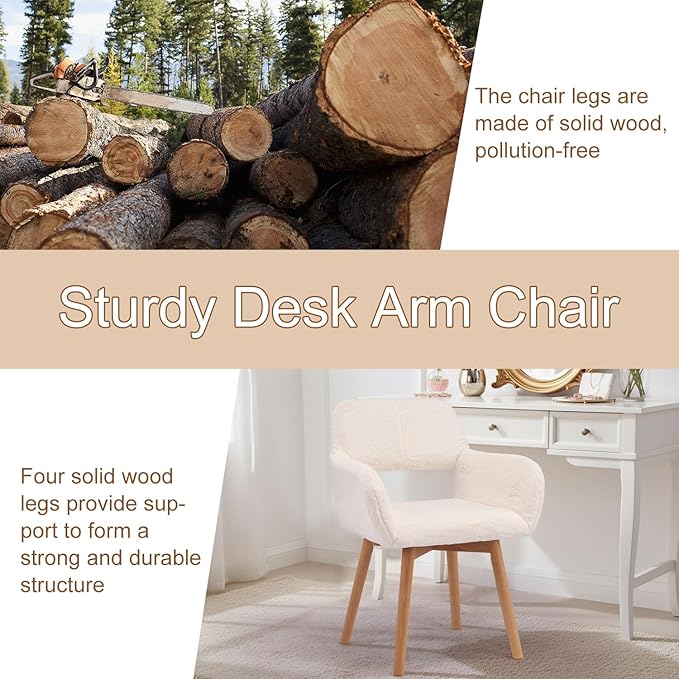 Mid Century Modern Dining Chairs Set of 2 Comfy Accent Chair Upholstered Kitchen Dining Living Room Chairs for Bedrooms Waiting Room Home Arm Desk Chair No Wheels (Rabbit Fur White, 2)