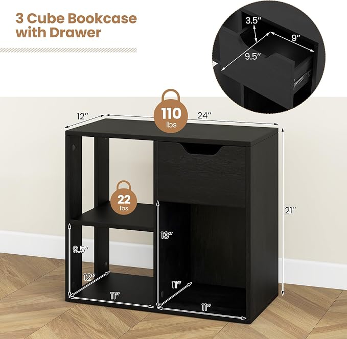LOKO 3-Cube Bookshelf with Drawer Set of 2, 2-Tier Open Shelf Bookcase, Freestanding Display Shelf, Modern Home Storage Organizer, Shelving Unit for Living Room, Study, Office (1, Black)