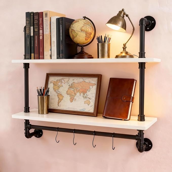 ROGMARS White Floating Wall Shelves Industrial Pipe Shelving 30 Inch Wood Bathroom Shelves with Towel Bar Over Toilet, Rustic Farmhouse Pipe Wall Shelves for Kitchen Living Room (30inch 2 Tier)