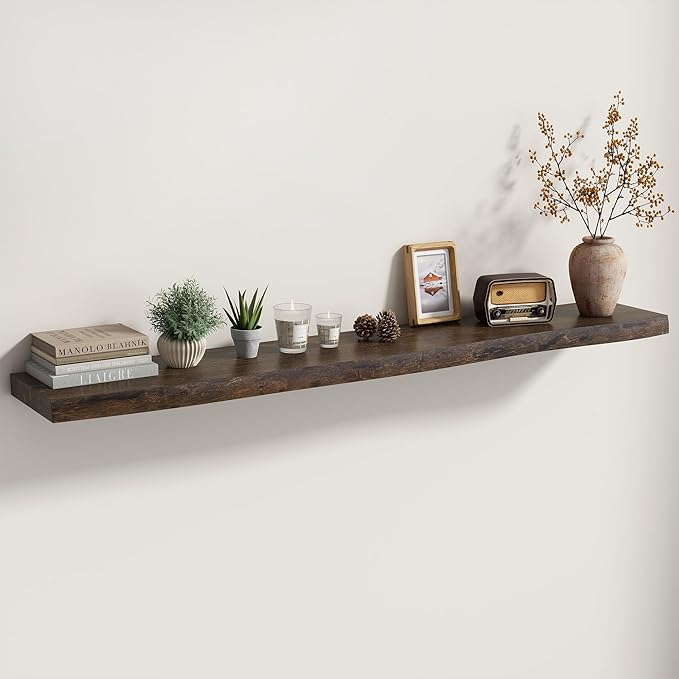 Fun Memories Floating Shelves for Wall Decor Set of 1-55 Inch Solid Elm Wood Live Edge - Rustic Walnut Wall Shelves with Invisible Brackets - for Living Room, Bedroom, Kitchen - Walnut Finish