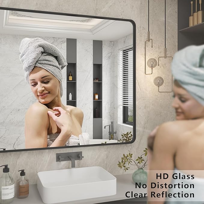 50x40 Inch Black Metal Framed Bathrrom Mirror for Wall, Black Matte Rounded Rectangle Bathroom Vanity Mirror, Anti-Rust, Tempered Glass, Hangs Horizontally or Vertically