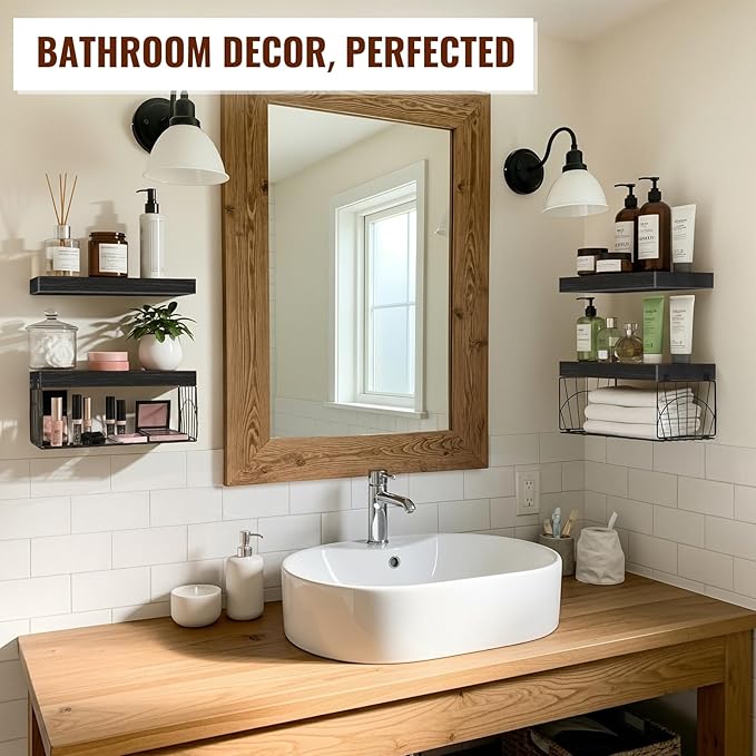 4 Pack Wall Mounted Rustic Wood Floating Shelves with 2 iron Hanging Baskets, Bathroom Shelves Over Toilet, Toilet Paper Storage, Farmhouse Decor Hanging Shelf for Living Room, Kitchen, 16 inch, Black