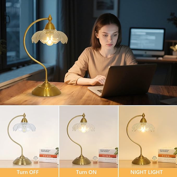 Glass Desk Lamp, Gold Table Lamps for Living Room, Brass Side Table Lamp with Clear Flower Shade, Desk Lamps for Home Office, Mid Century Modern Nightstand Lamp, Vintage Beside Lamp for Bedroom Decor