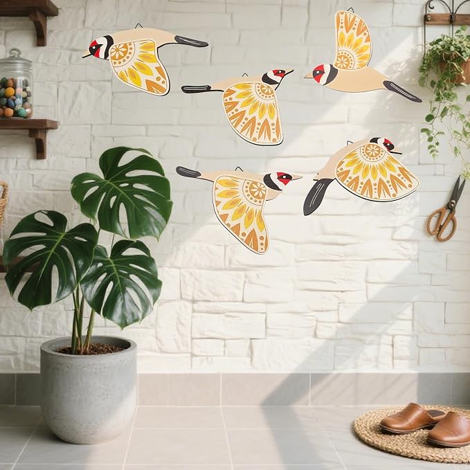 EMINGSKY 5 Pcs Wooden Bird Wall Art Wood Flying Birds Wall Decor Boho Rustic Folk Art Home Decor for Gift Living Room Bedroom Kitchen Office (Yellow)