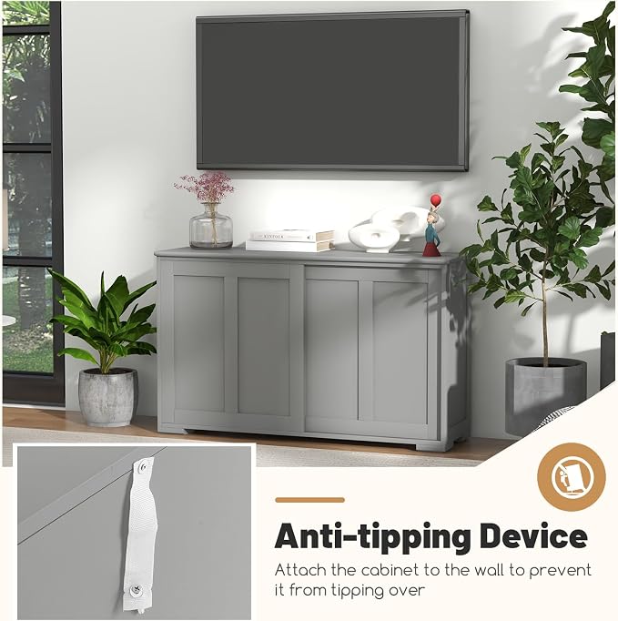 Sideboards Buffet Cabinet with Storage, Sliding Door Coffee Bar, Console Table with Adjustable Shelf, Credenzas for Living Room, Stackable Kitchen Cupboard for Dining Room (Grey)