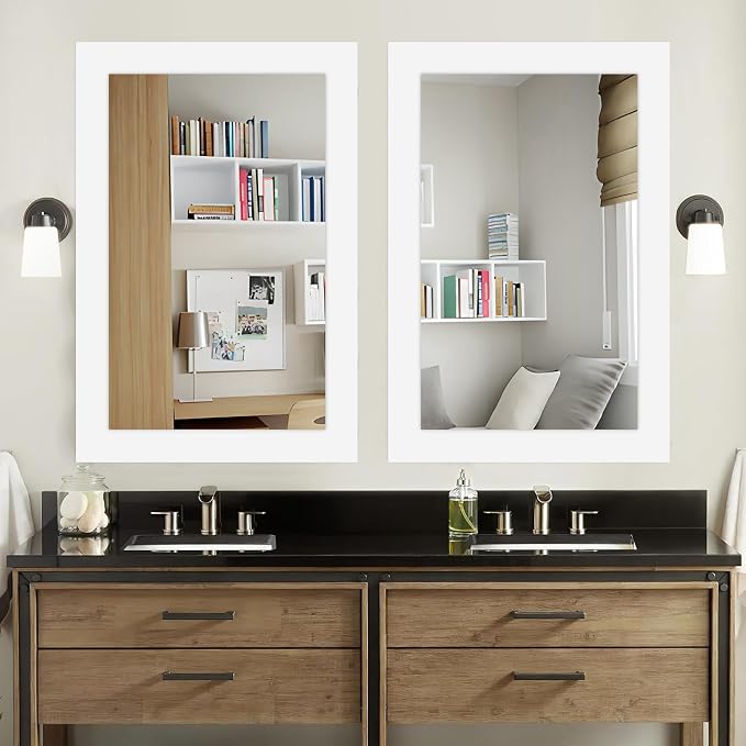 36''x24'' Rustic Wall Mirror for Bathroom White Wood Frame, Classic Rectangle Mirror Farmhouse Vanity Wall Mirror Decor Living Room, Bedroom, Entryway (White, 36''x24'')
