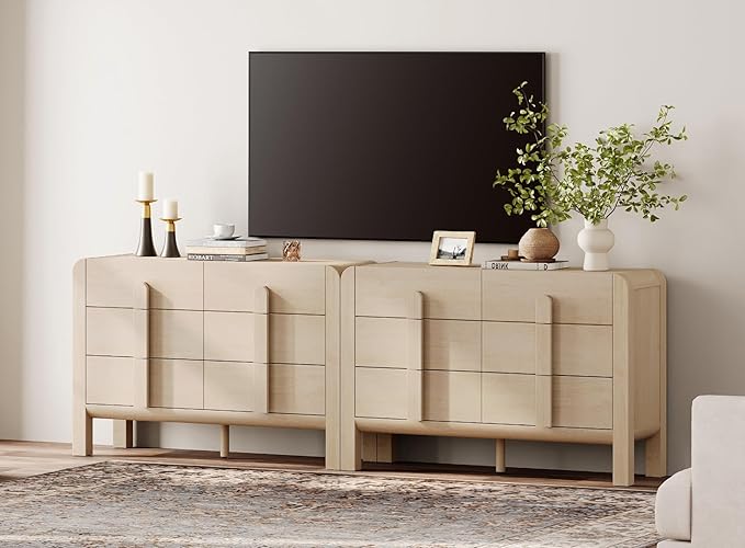 WAMPAT 94.4" W Buffet Cabinet with 12 Drawers, Modern Sideboard Buffet Cabinet with Storage, Buffet Table Coffee Bar Wine Bar Storage Cabinet for Dining Room, Living Room, Hallway, Light Oak