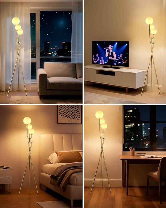 Lightdot Gold Floor Lamp Dimmable Mid Century Tripod Floor Lamp with 3 Pole Lights with 3Pcs 3000K Bulbs Included Tripod Standing Lamps with Stable Base for Living Room/Sofa Beside/Corner Decor