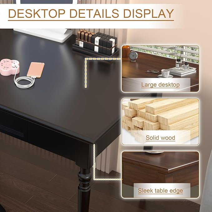 Solid Wood French Country Desk,Writing Desk with Storage Drawers,Farmhouse Computer Table Makeup Table Modern Simple Style,for Home Office Living Room Study Workspace Bedroom (Black, 31.5IN)