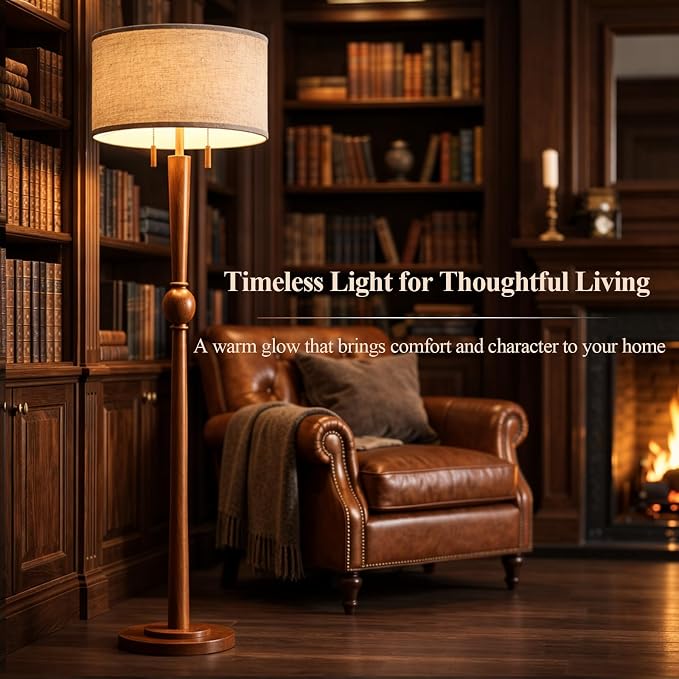 MOFFE 62.8" Solid Wood Floor Lamp,Tall Standing Floor Lamp with 2-Light Pull Chain, 17" Linen Drum Shade, Sculptural Wood Base & Stem,Transitional Floor Lamp for Living Room Bedroom, Includes 2 Bulbs