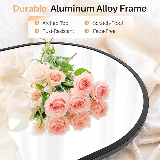 Bathroom Mirror for Wall, 38x26 Inch Arched Mirror, Matte Black Metal Framed Bathroom Vanity Mirrors for Restroom Farmhouse, Anti-Rust, Tempered Glass, Hanging or Leaning