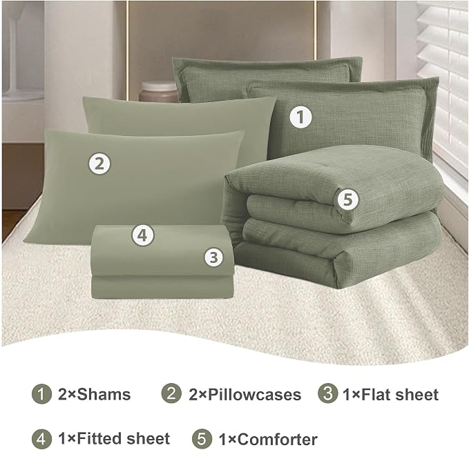 Geniospin California King Comforter Set - 7 Pieces Sage Green Cal King Bedding Set, Solid Bed Set for All Season, Textured Bed in a Bag with Flat Sheet and Fitted Sheet, Pillowcases and Shams
